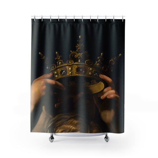 Dark Academia Shower Curtain with The Crown design, scholarly bathroom decor featuring moody dark academia themes.