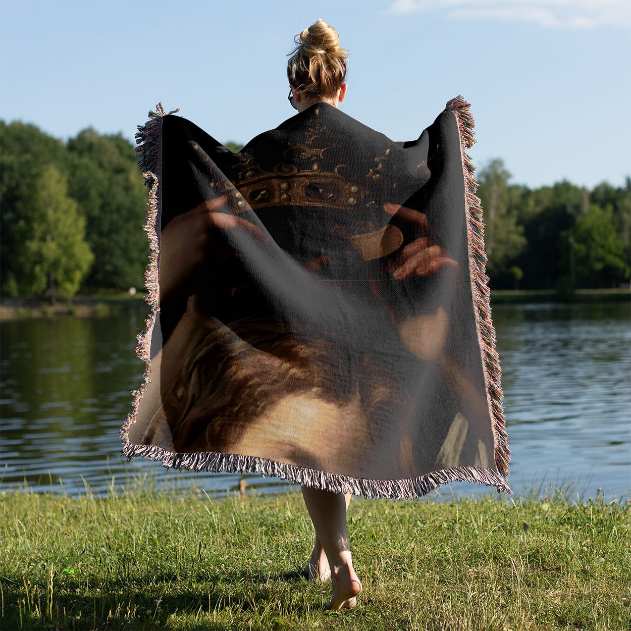 Dark Academia Woven Blanket Held on a Woman's Back Outside