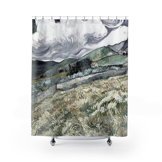 Dark Cloudy Hillside Shower Curtain with stormy design, atmospheric bathroom decor showcasing moody landscape views.