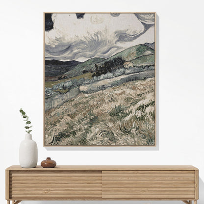 Dark Cloudy Hillside Woven Blanket Hanging on a Wall as Framed Wall Art