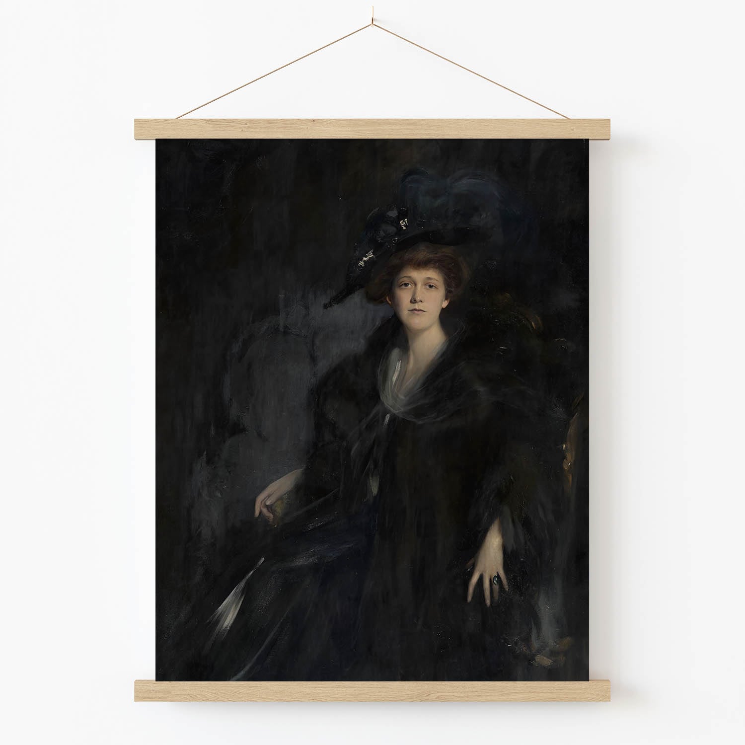 Woman Dressed in Dark Blue Art Print in Wood Hanger Frame on Wall