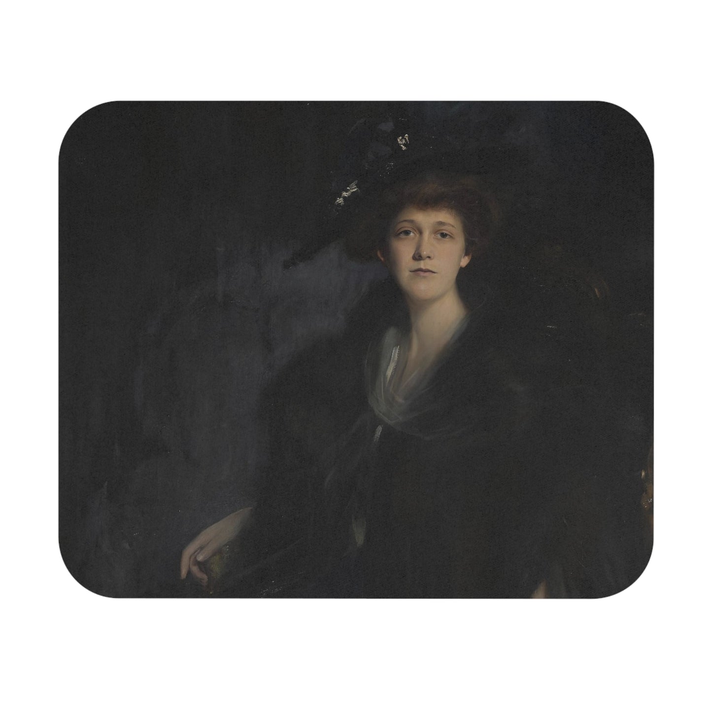 Dark Female Portrait Mouse Pad featuring a lady in blue design, adding elegance to desk and office decor.