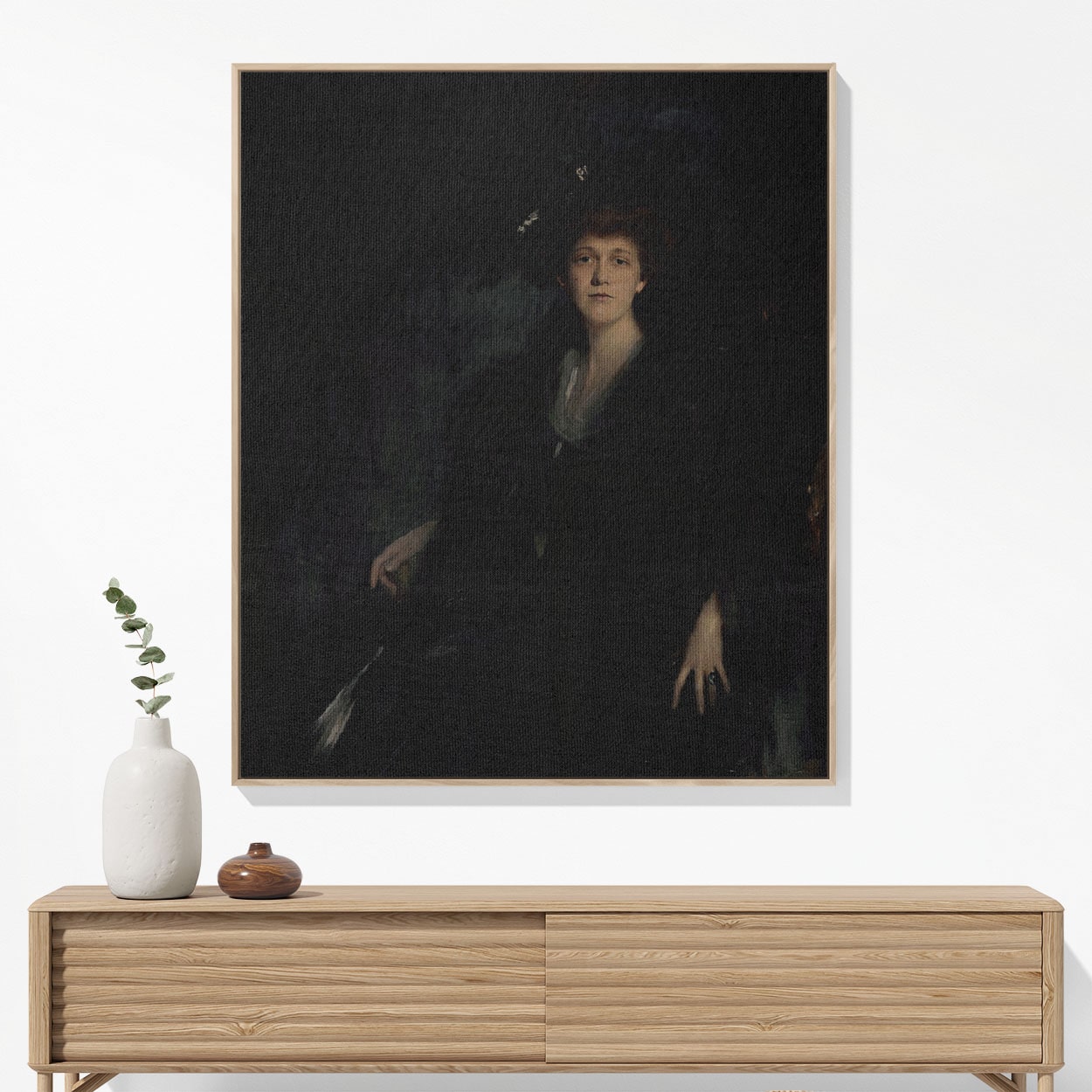 Dark Female Portrait Woven Blanket Hanging on a Wall as Framed Wall Art