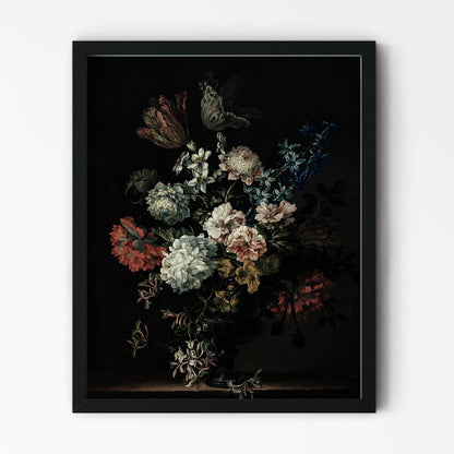 Dark Still Life Flower Painting in Black Picture Frame