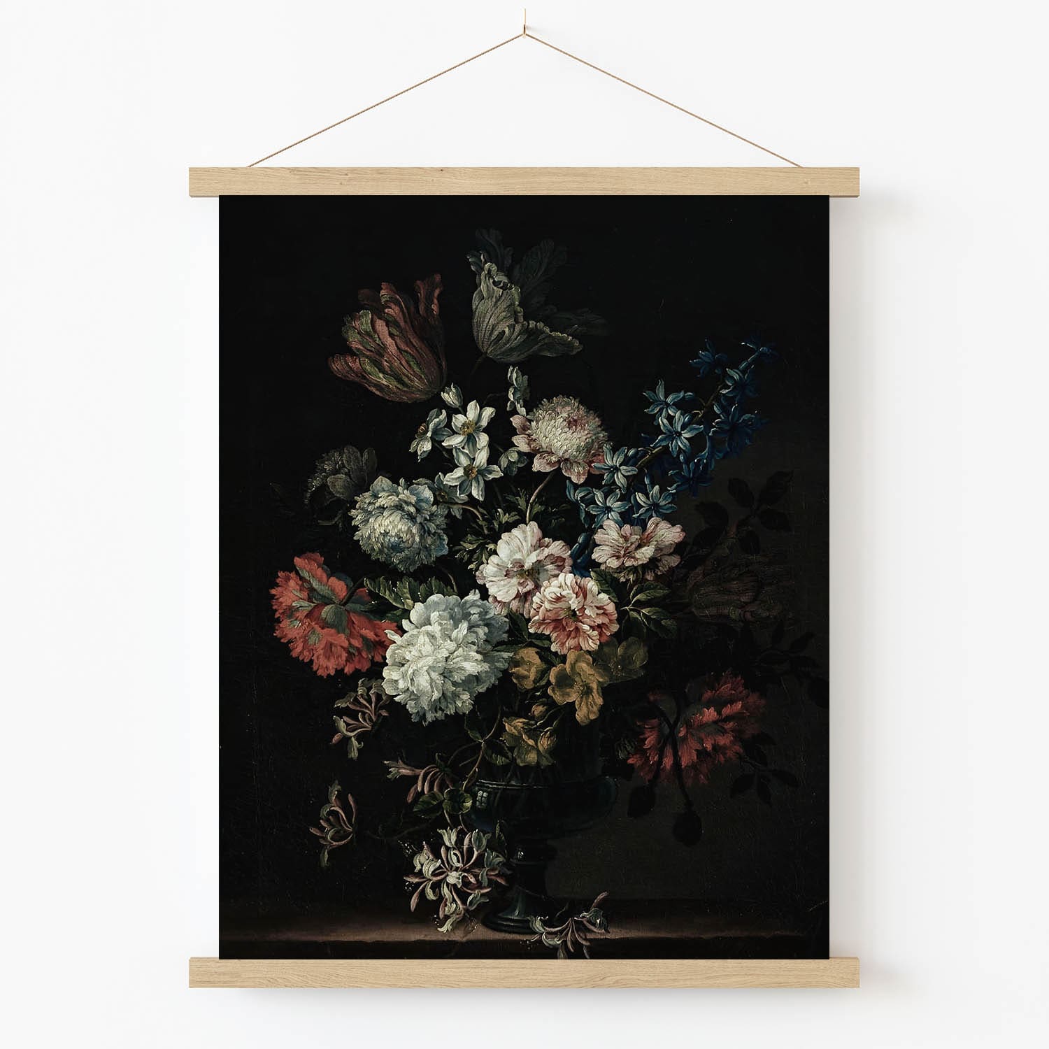 Dark Still Life Flower Art Print in Wood Hanger Frame on Wall