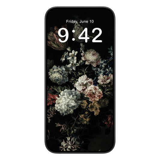 Dark Floral phone wallpaper background with dark still life design shown on a phone lock screen, instant download available.