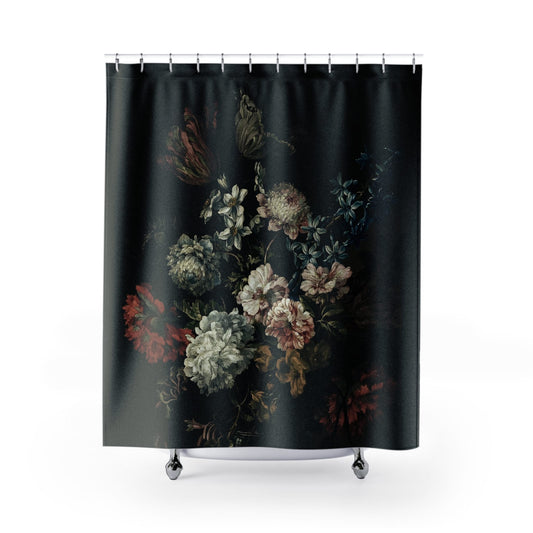 Dark Floral Shower Curtain with dark still life design, sophisticated bathroom decor featuring moody floral patterns.