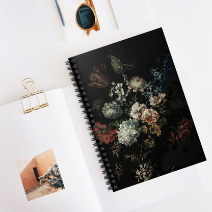 Dark Floral Spiral Notebook Displayed on Desk