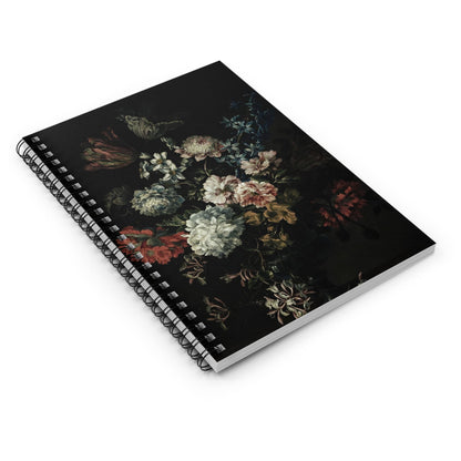 Dark Floral Spiral Notebook Laying Flat on White Surface