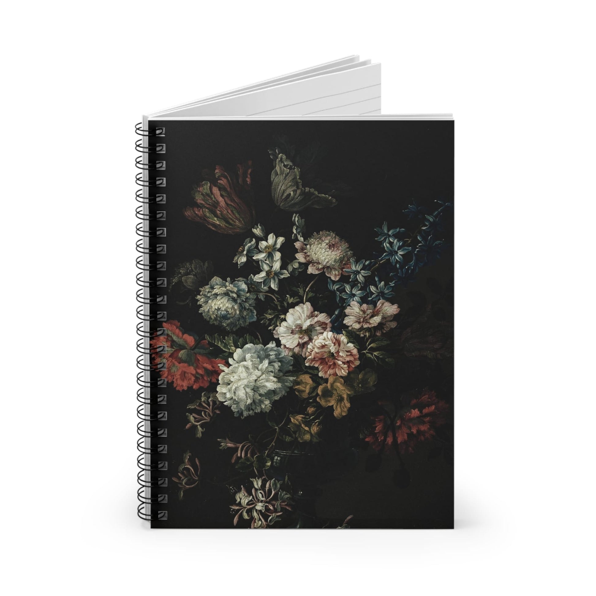 Dark Floral Spiral Notebook Standing up on White Desk