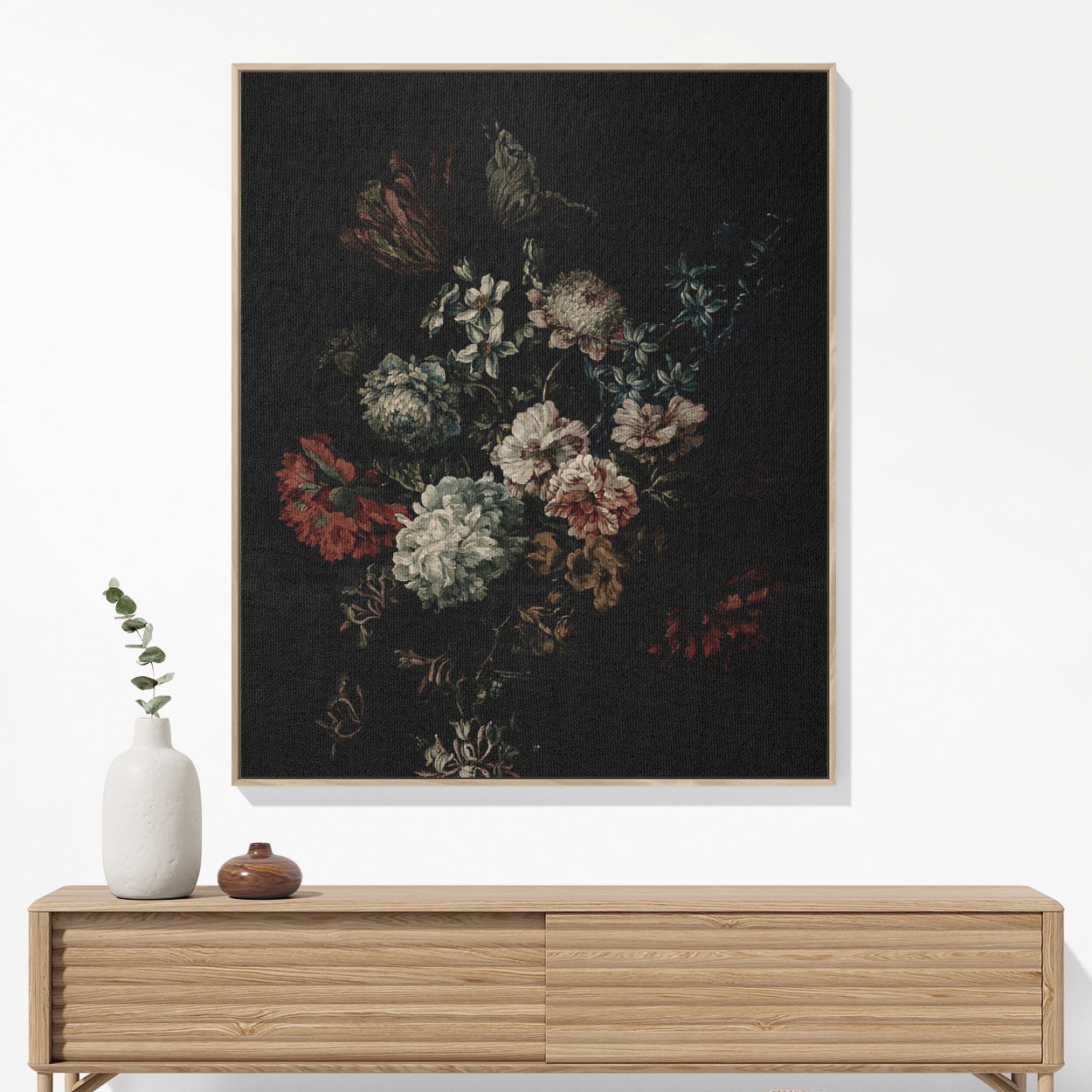 Dark Floral Woven Blanket Woven Blanket Hanging on a Wall as Framed Wall Art