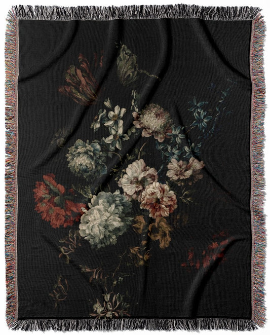 Dark Floral woven throw blanket, crafted from 100% cotton, delivering a soft and cozy texture with a dark still life flowers theme for home decor.