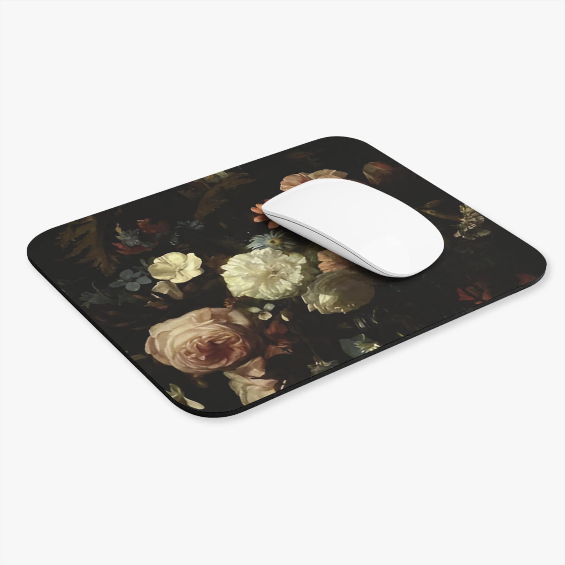 Dark Flowers Computer Desk Mouse Pad With White Mouse
