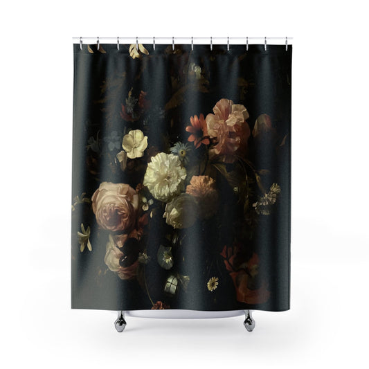 Dark Flowers Shower Curtain with dark gothic design, moody bathroom decor featuring gothic floral patterns.