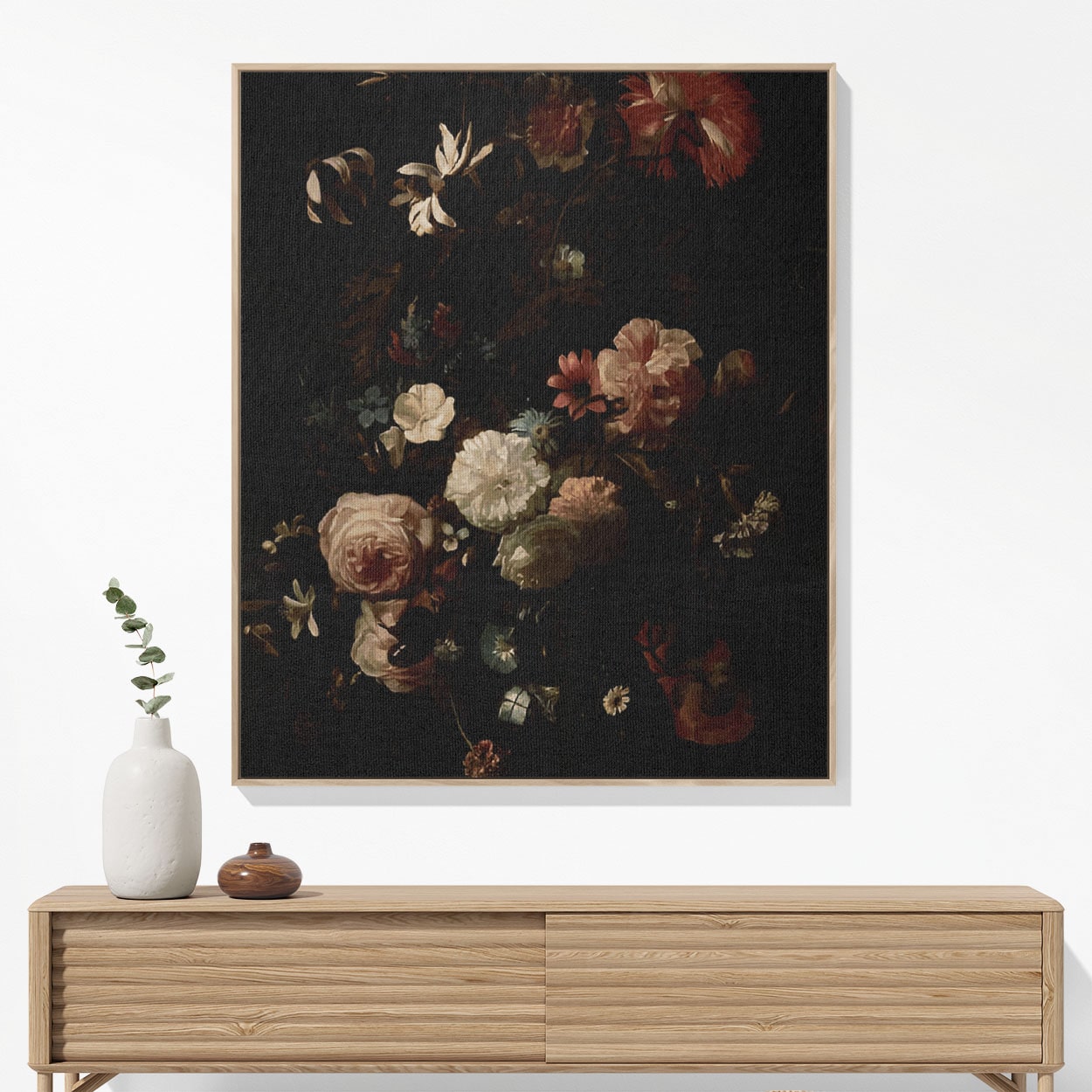 Dark Flowers Woven Blanket Hanging on a Wall as Framed Wall Art