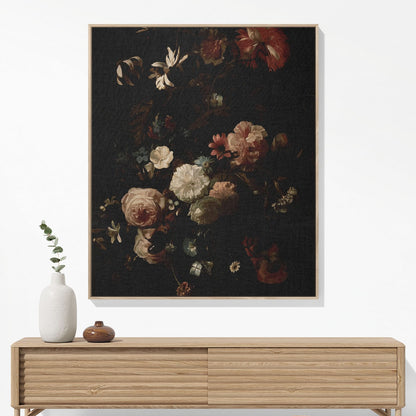 Dark Flowers Woven Blanket Hanging on a Wall as Framed Wall Art