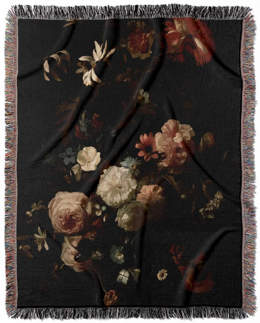 Dark Flowers woven throw blanket, made with 100% cotton, providing a soft and cozy texture with a dark gothic theme for home decor.
