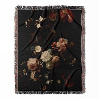 Dark Flowers woven throw blanket, made with 100% cotton, providing a soft and cozy texture with a dark gothic theme for home decor.