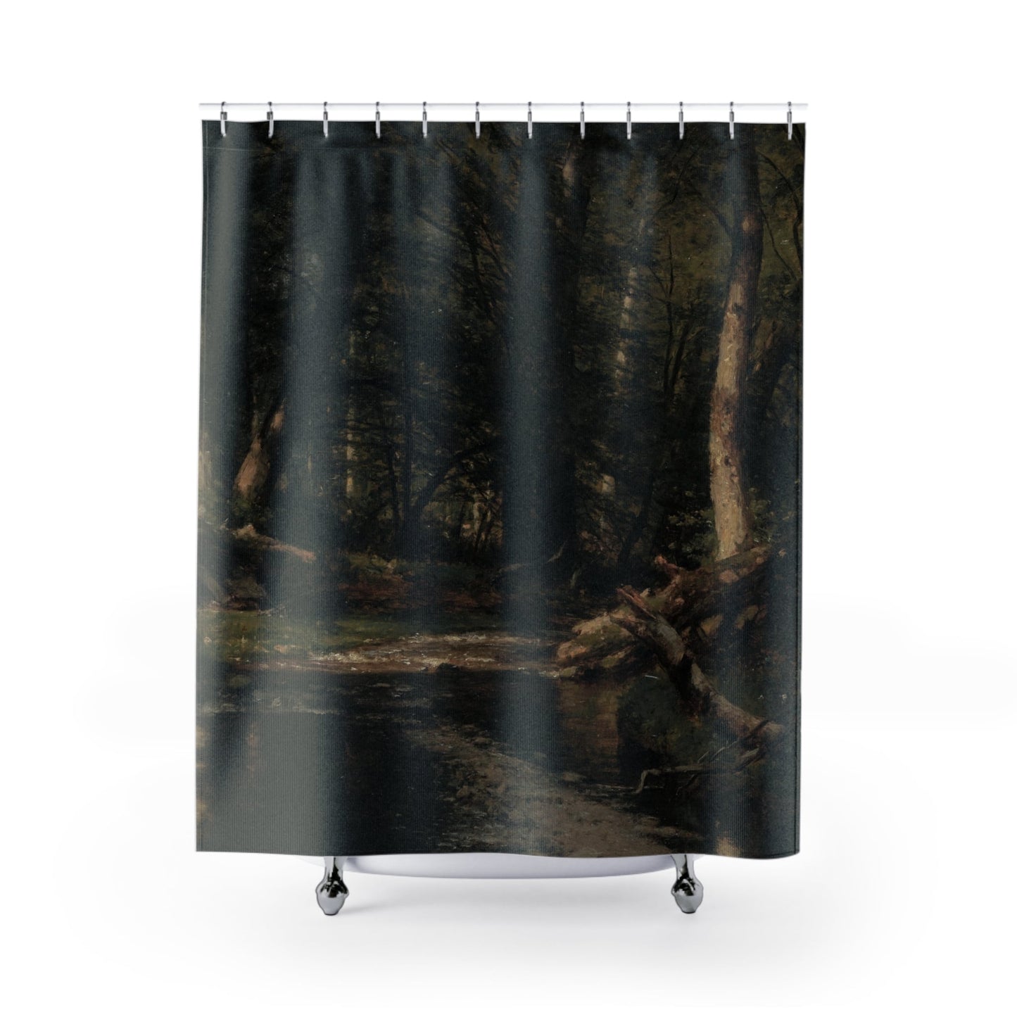 Dark Forest Shower Curtain with dark nature design, mysterious bathroom decor featuring moody forest landscapes.