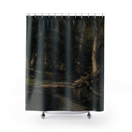Dark Forest Shower Curtain with dark nature design, mysterious bathroom decor featuring moody forest landscapes.