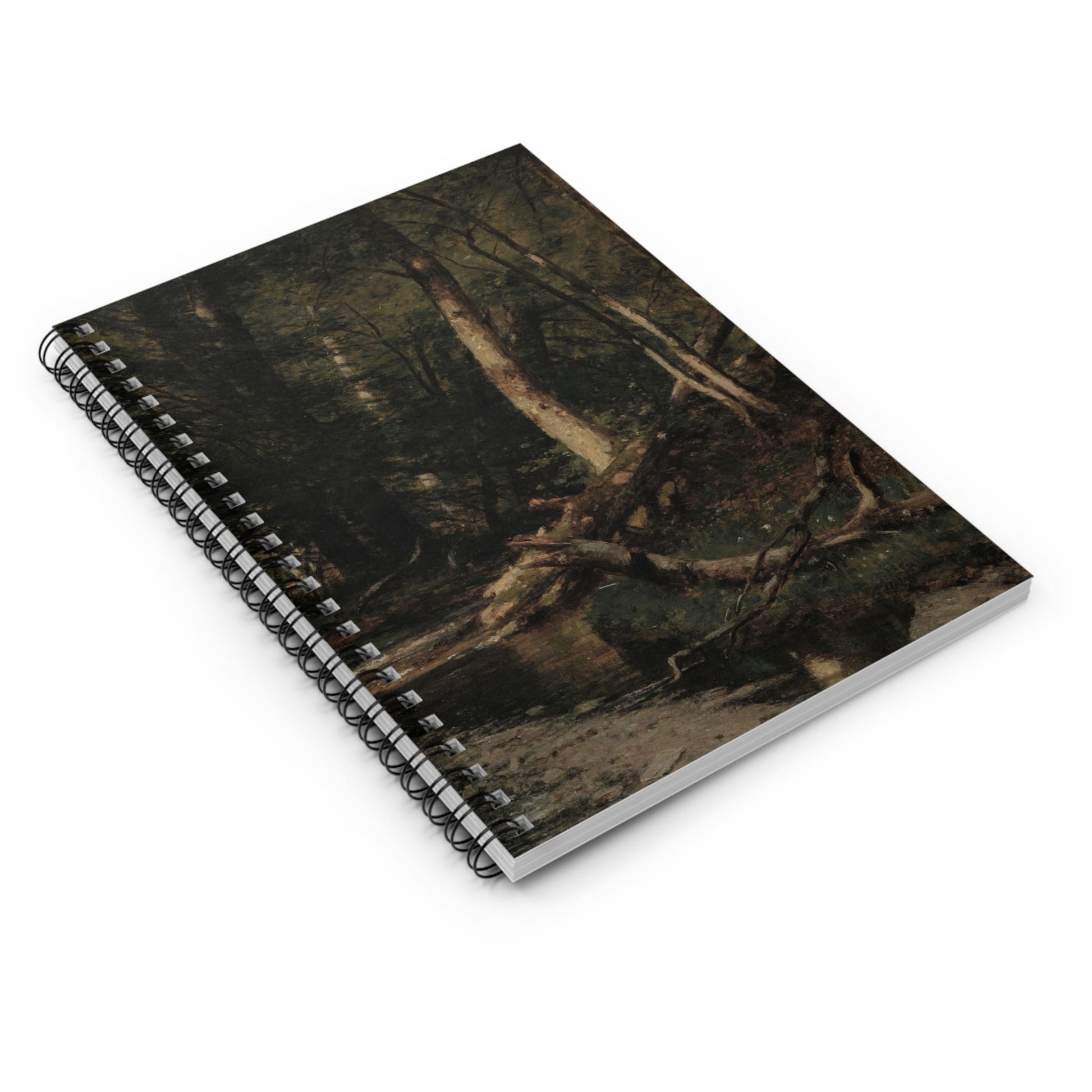 Dark Forest Spiral Notebook Laying Flat on White Surface