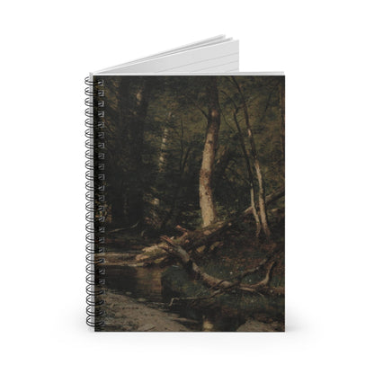 Dark Forest Spiral Notebook Standing up on White Desk