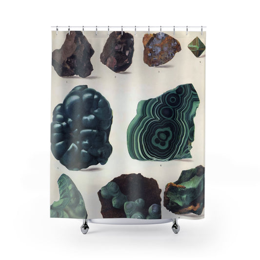Dark Rocks and Jade Shower Curtain with natural gemstones design, nature-inspired bathroom decor featuring jade themes.