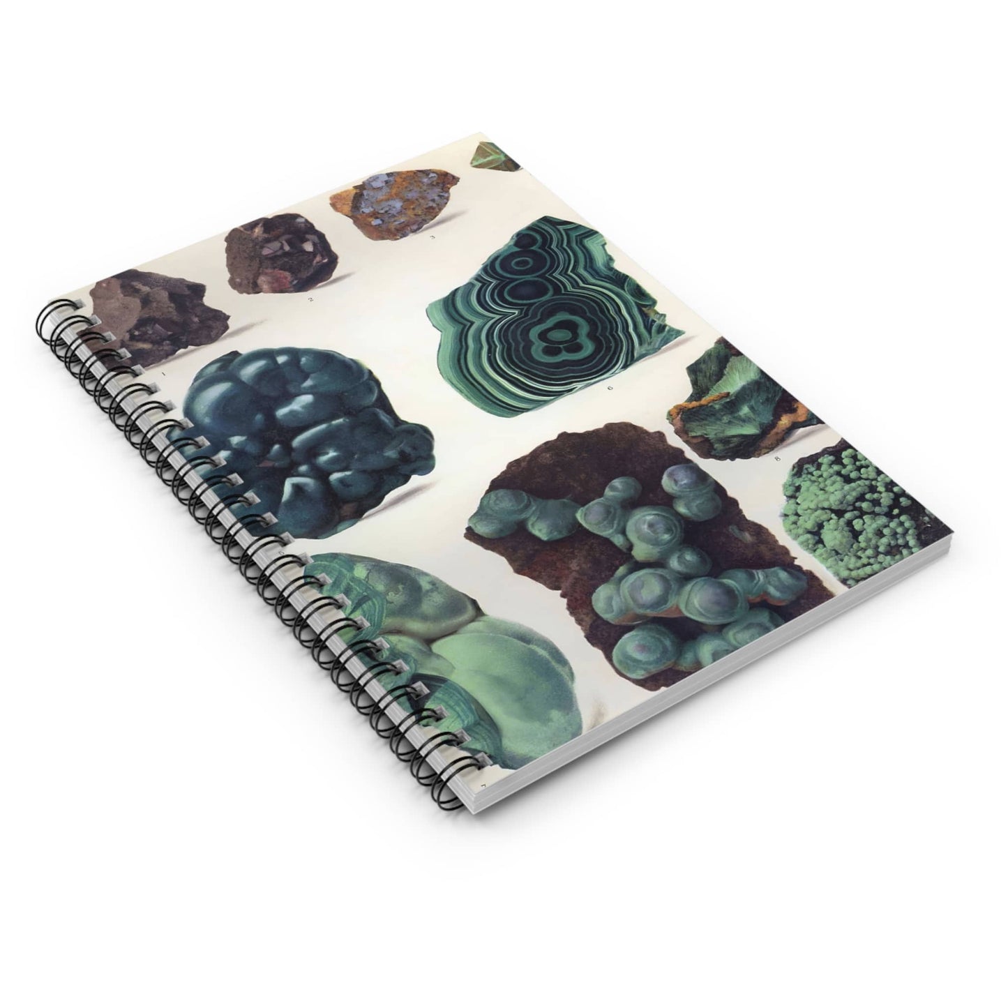 Dark Rocks and Jade Spiral Notebook Laying Flat on White Surface