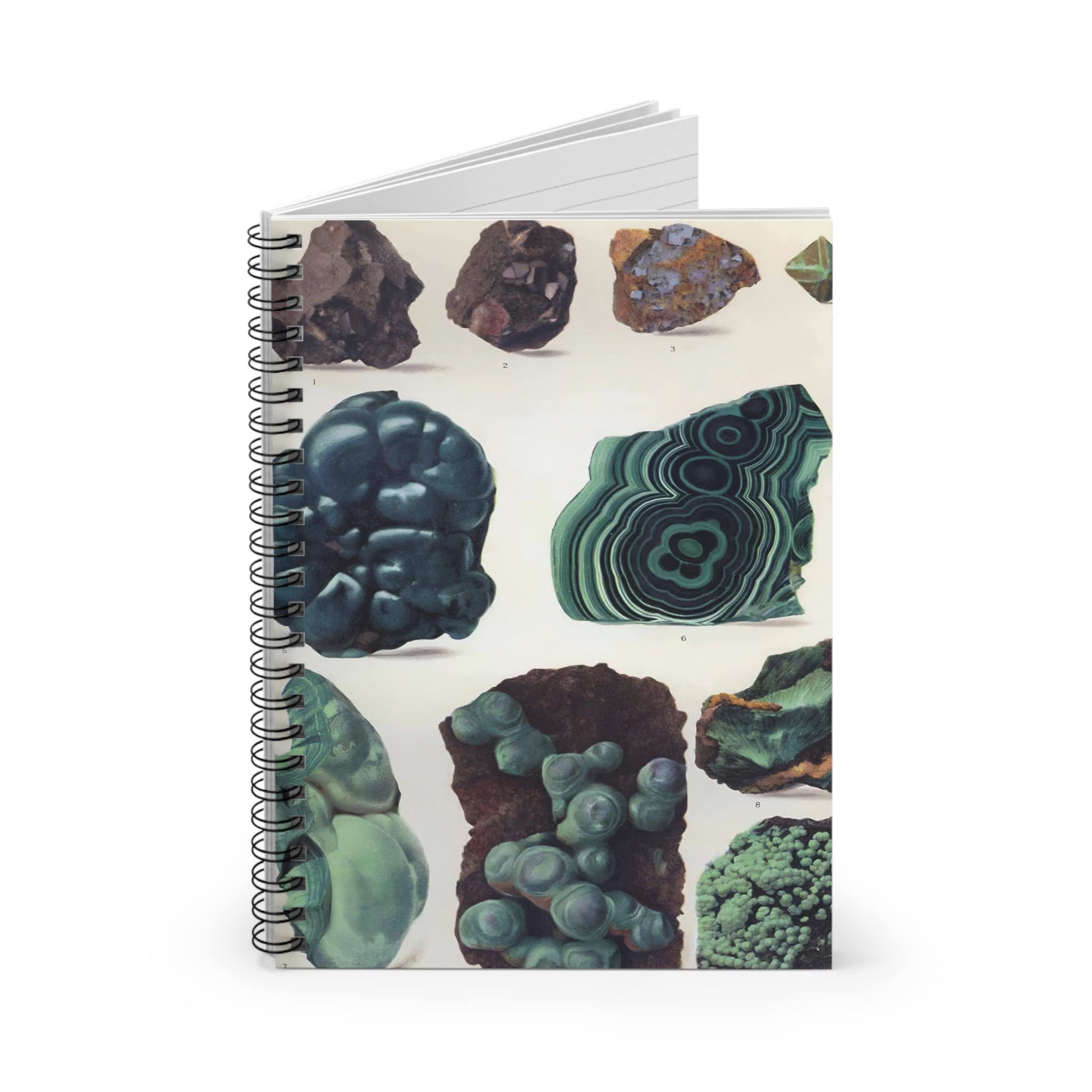 Dark Rocks and Jade Spiral Notebook Standing up on White Desk