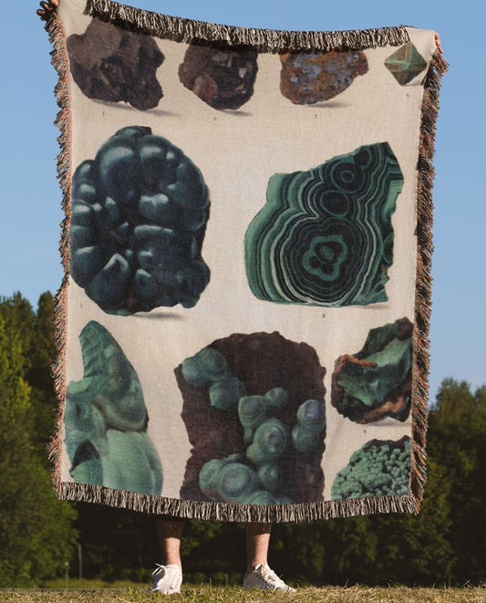 Dark Rocks and Jade woven throw blanket, made of 100% cotton, presenting a soft and cozy texture with natural gemstones for home decor.