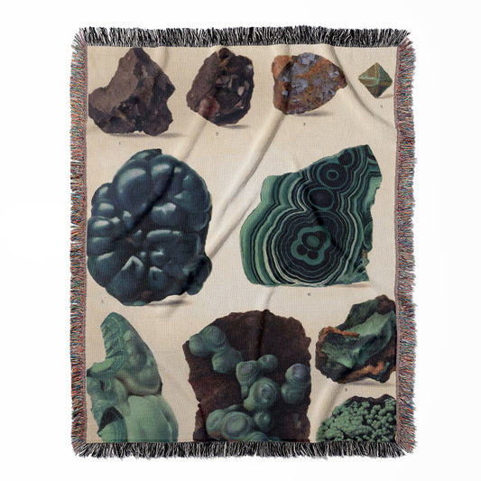 Dark Rocks and Jade woven throw blanket, made of 100% cotton, presenting a soft and cozy texture with natural gemstones for home decor.