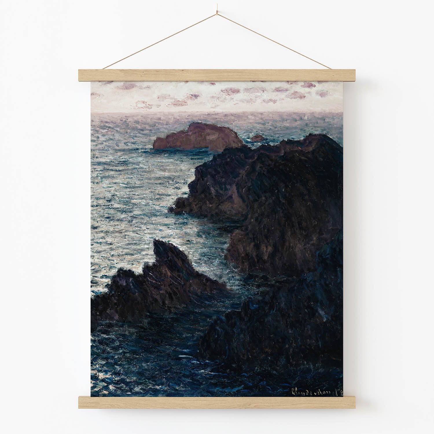 Rocky Cliffs on the Ocean Art Print in Wood Hanger Frame on Wall