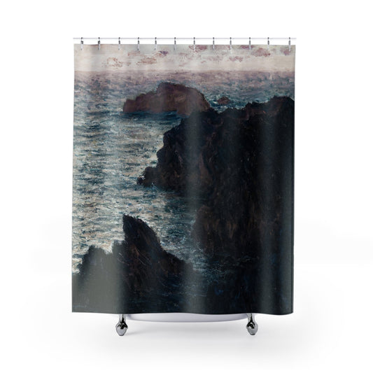 Dark Ocean Shower Curtain with beach design, coastal bathroom decor featuring a moody beach scene.