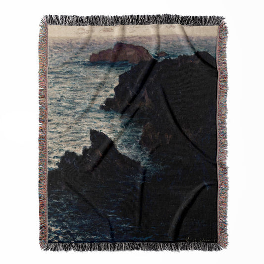 Dark Ocean woven throw blanket, crafted from 100% cotton, offering a soft and cozy texture with a beach theme for home decor.