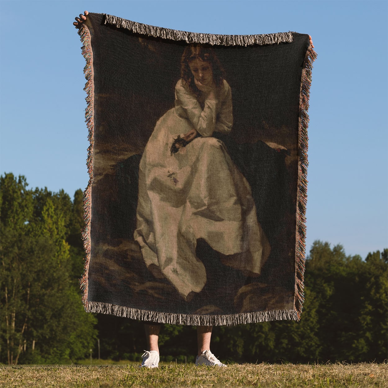 Dark Victorian Painting Woven Blanket Held Up Outside