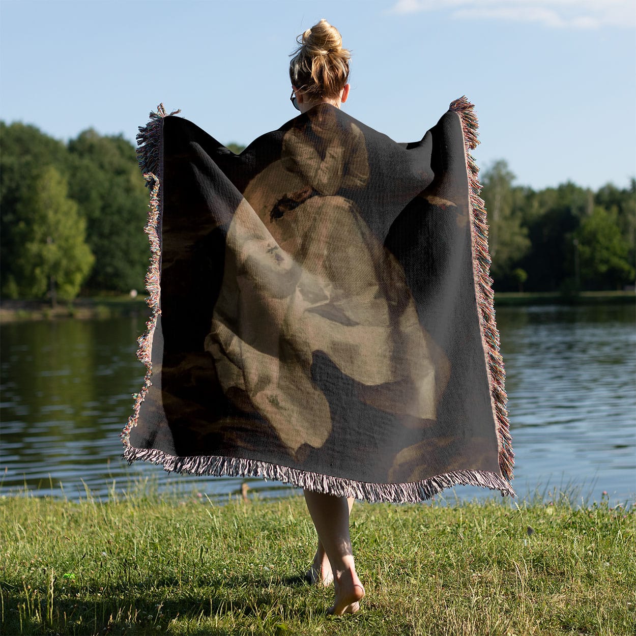 Dark Victorian Painting Woven Blanket Held on a Woman's Back Outside