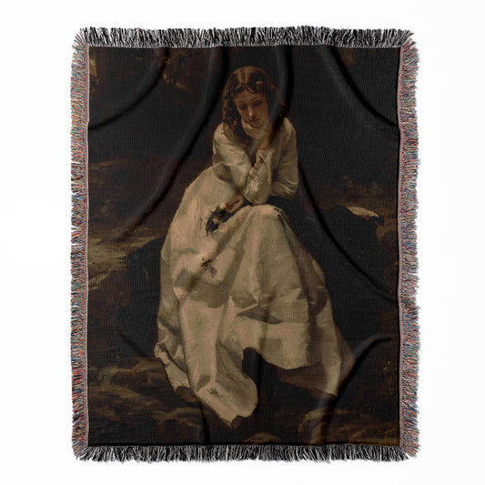 Dark Victorian Painting woven throw blanket, crafted from 100% cotton, offering a soft and cozy texture in a gothic style for home decor.
