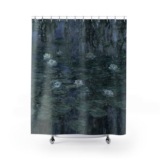 Deep Blue and Green Shower Curtain with Claude Monet design, artistic bathroom decor featuring Monet's landscape paintings.