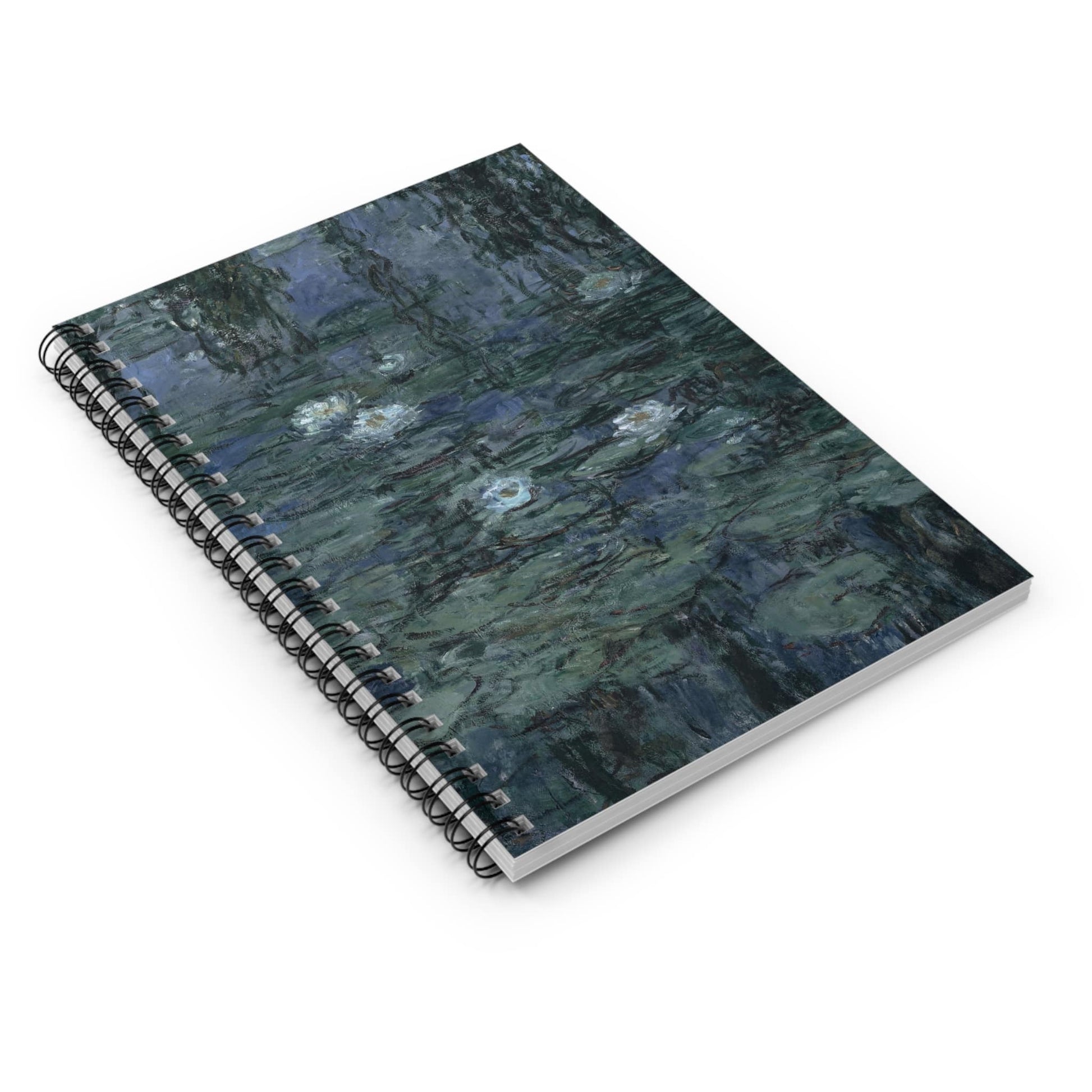 Deep Blue and Green Spiral Notebook Laying Flat on White Surface