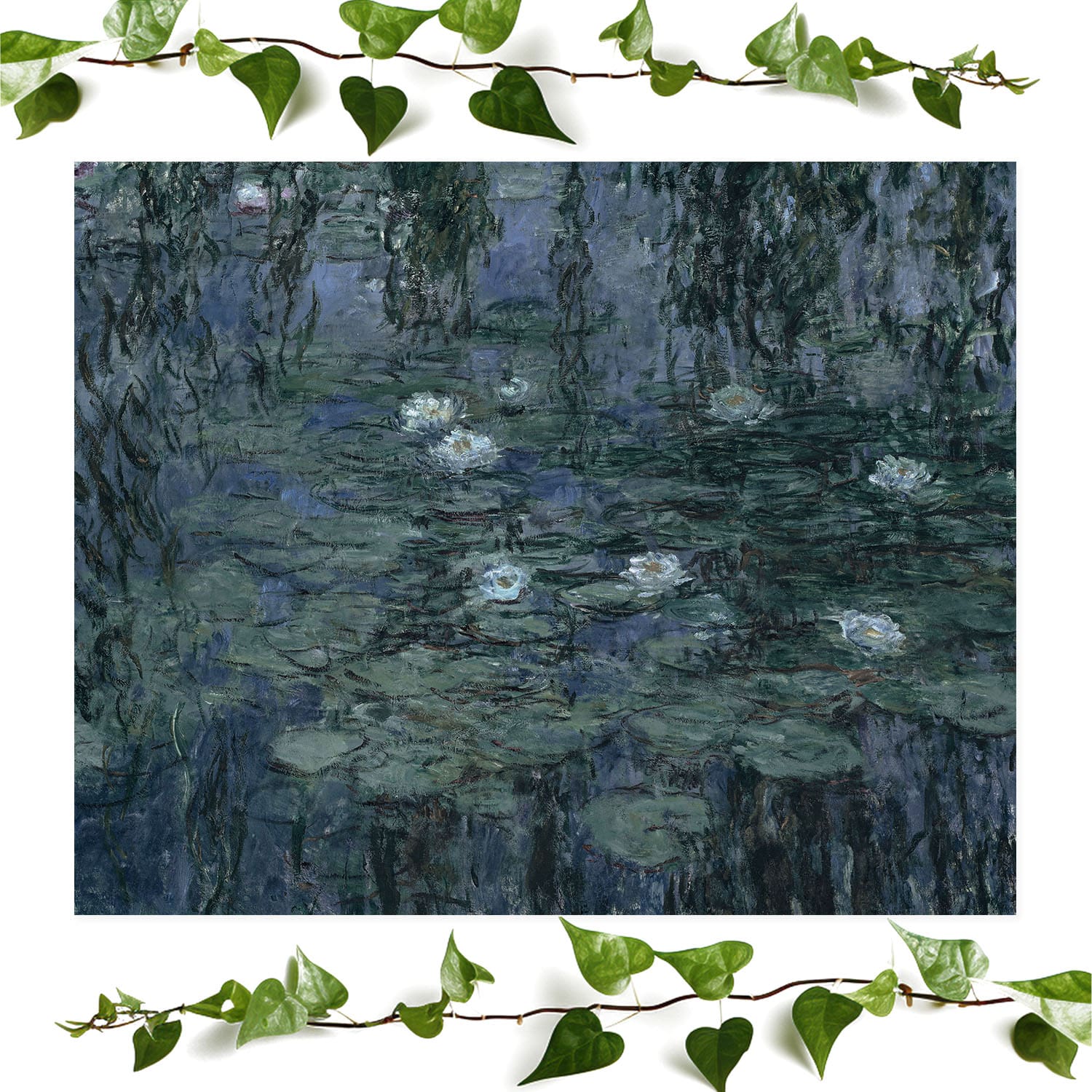 Claude Monet art print in deep blue and green, perfect for vintage wall decor.