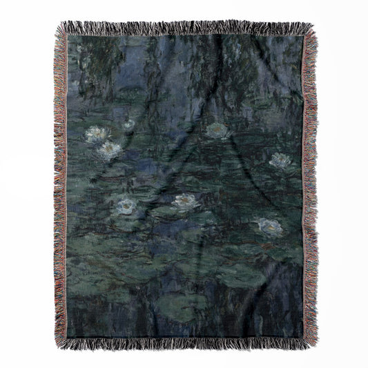 Deep Blue and Green woven throw blanket, made of 100% cotton, featuring a soft and cozy texture with a Claude Monet design for home decor.