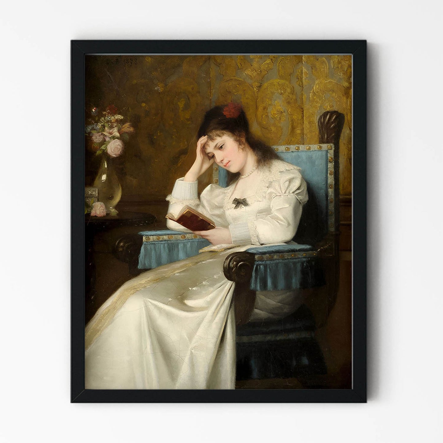 Concentrated Reading Painting in Black Picture Frame