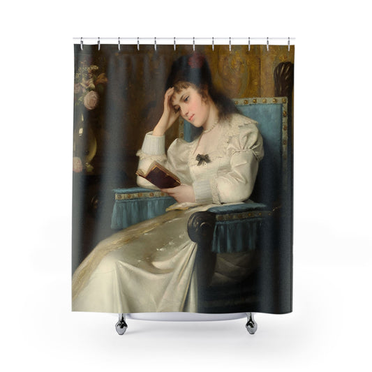 Concentrated Reading Shower Curtain with Victorian design, classic bathroom decor showcasing a Victorian reading scene.