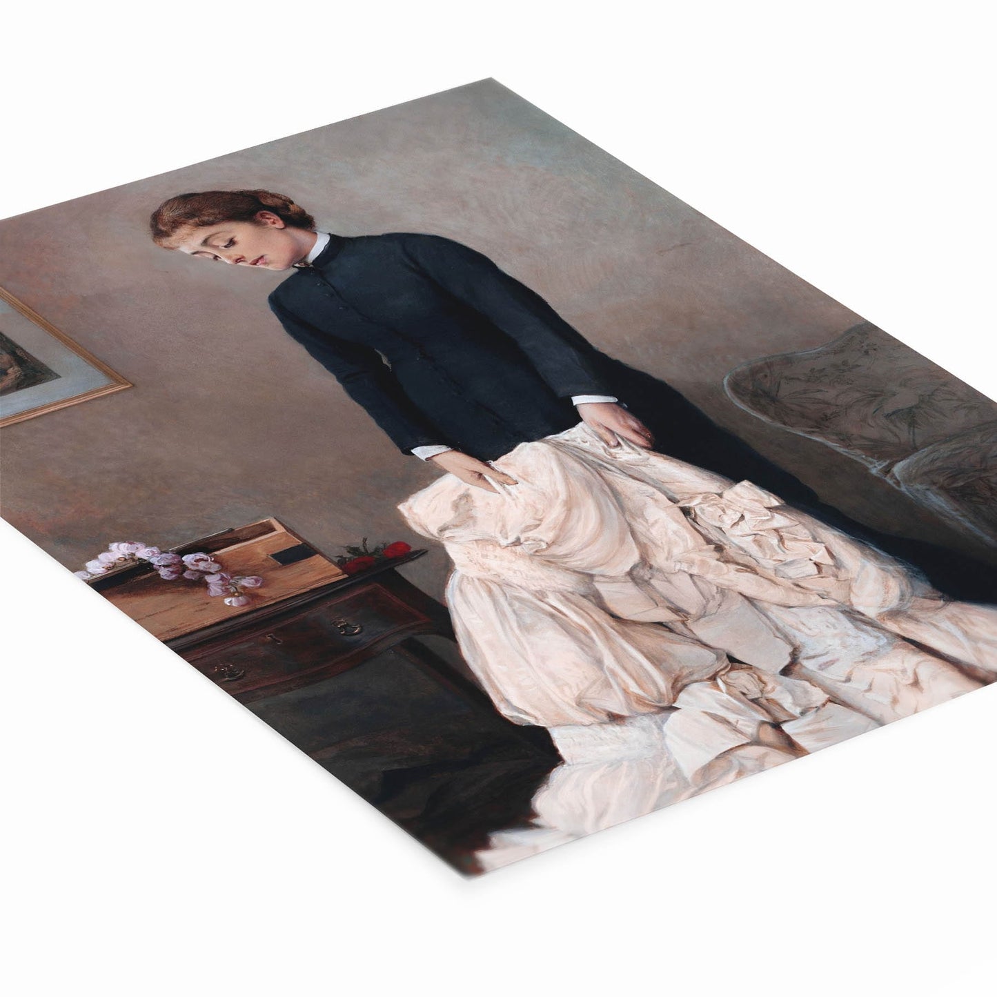 Mourning Woman with a Wedding Dress Painting Laying Flat on a White Background