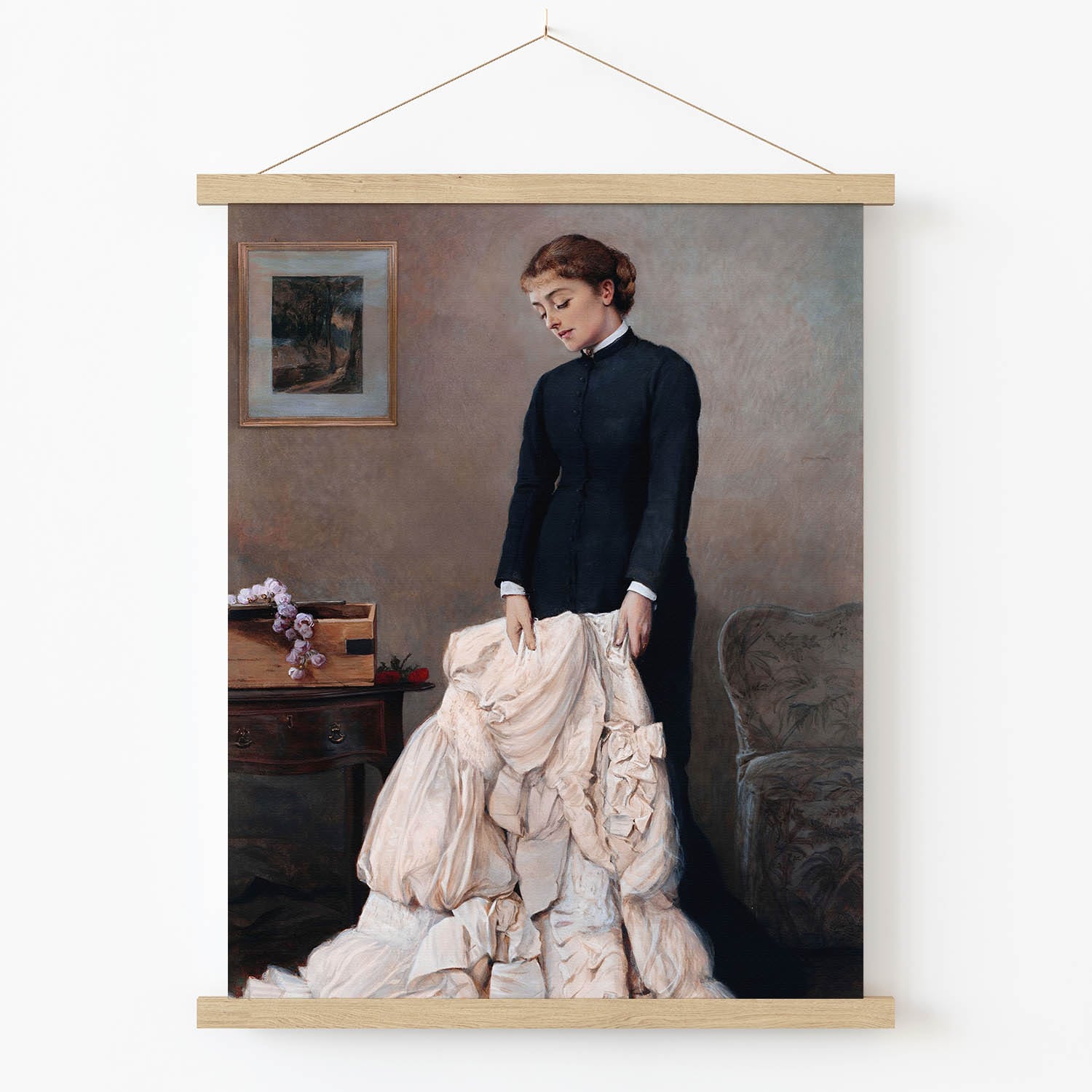 Mourning Woman with a Wedding Dress Art Print in Wood Hanger Frame on Wall