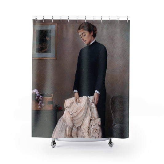 A Young Widow Shower Curtain with depressed design, emotional bathroom decor featuring a melancholic theme.
