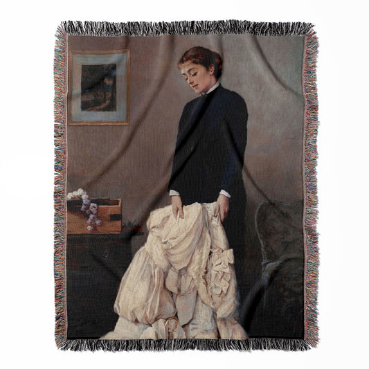 A Young Widow woven throw blanket, made with 100% cotton, providing a soft and cozy texture with a depressed theme for home decor.