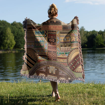 Design Inspiration Woven Blanket Held on a Woman's Back Outside