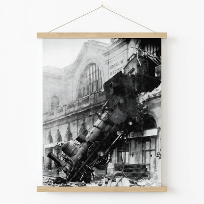 Train Falling from a Building Art Print in Wood Hanger Frame on Wall