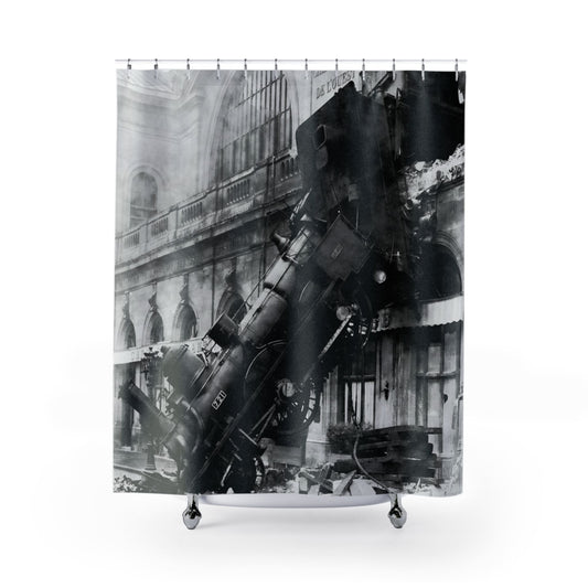Train Wreck Shower Curtain with disaster photo design, historical bathroom decor showcasing vintage disaster imagery.